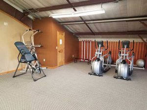 indoor gym area with inversion table and 2 elliptical machines