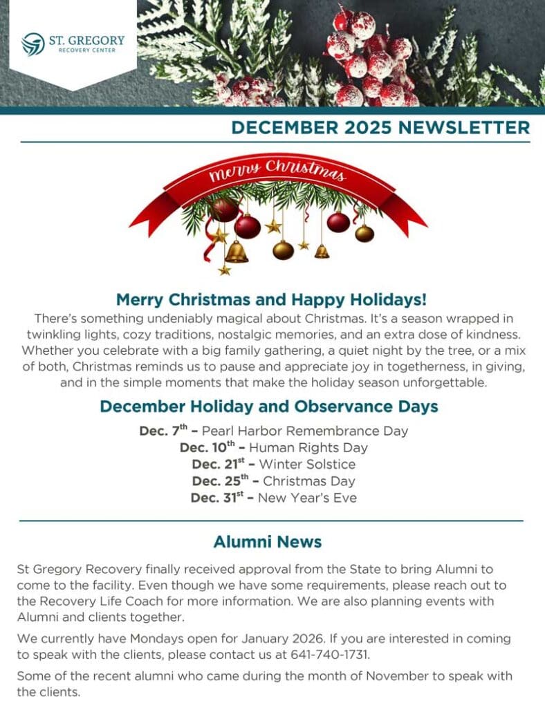 St. Gregory Recovery Center December 2025 Alumni Newsletter